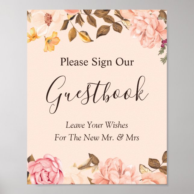 Elegant Blush Gold Floral Wedding Guestbook Sign (Front)