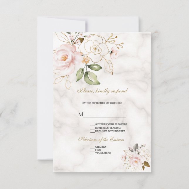 Elegant Blush Gold Flowers Monogram Wedding RSVP Card (Front)