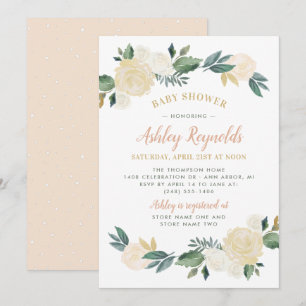 Elegant Blush Gold Green Floral Girl Baby Shower Invitation