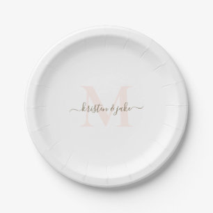 Elegant Blush & Gold Monogram Swash Wedding Paper Plate