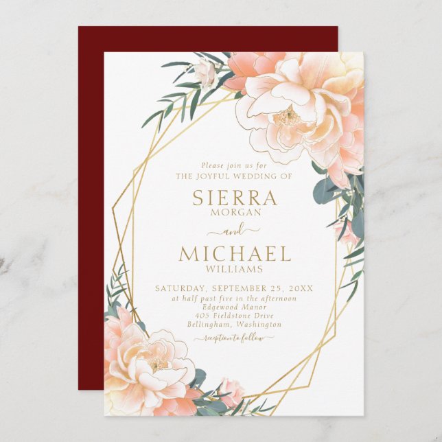 Elegant Blush Gold Peach Burgundy Floral Wedding Invitation (Front/Back)