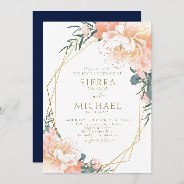 Elegant Blush Gold Peach Navy Blue Floral Wedding Invitation (Front/Back)