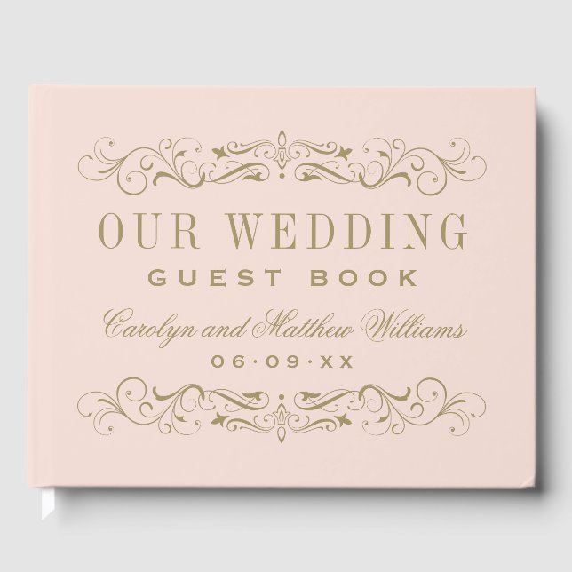 Elegant Blush Gold Scrollwork Wedding Monogram Guest Book (Front)