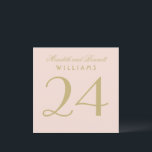 Elegant Blush Gold Wedding Table Number Card<br><div class="desc">Warm gold calligraphy and the couple's names on a soft blush background create a romantic, refined wedding table number card. The elegant script and classic serif typography bring timeless sophistication to your reception tables. The couple's names, surname, and table number are easy to personalise. Each table number must be individually...</div>