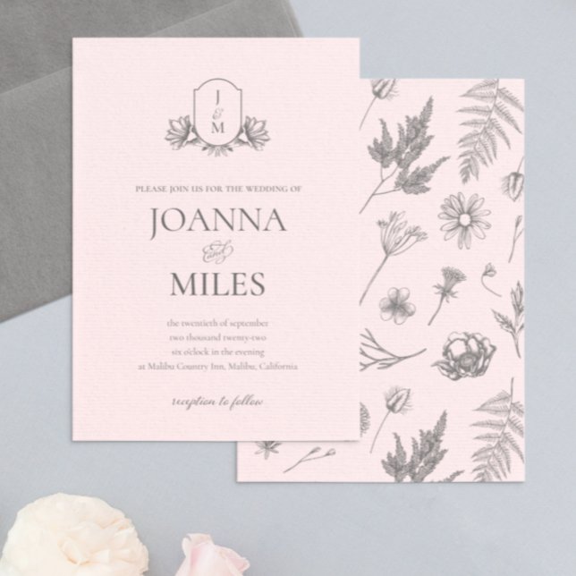 Elegant Blush & Gray Botanical Monogram Wedding Invitation (Creator Uploaded)