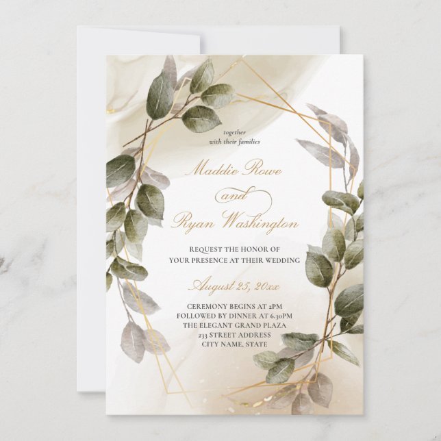 Elegant Blush Green & Gold Foliage Wedding  Invitation (Front)
