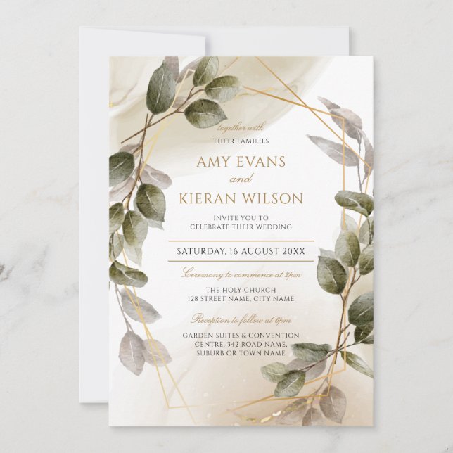 Elegant Blush Green & Gold Watercolor Wedding   Invitation (Front)