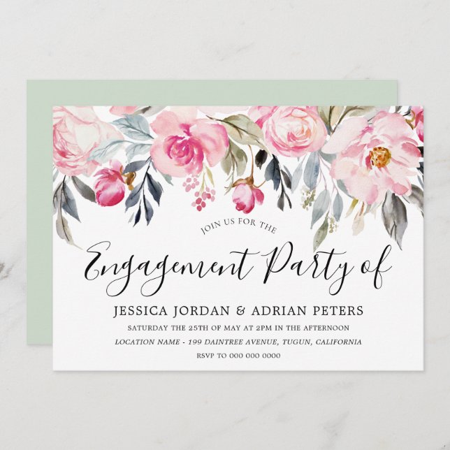 Elegant Blush & Greenery Floral Engagement Party Invitation (Front/Back)