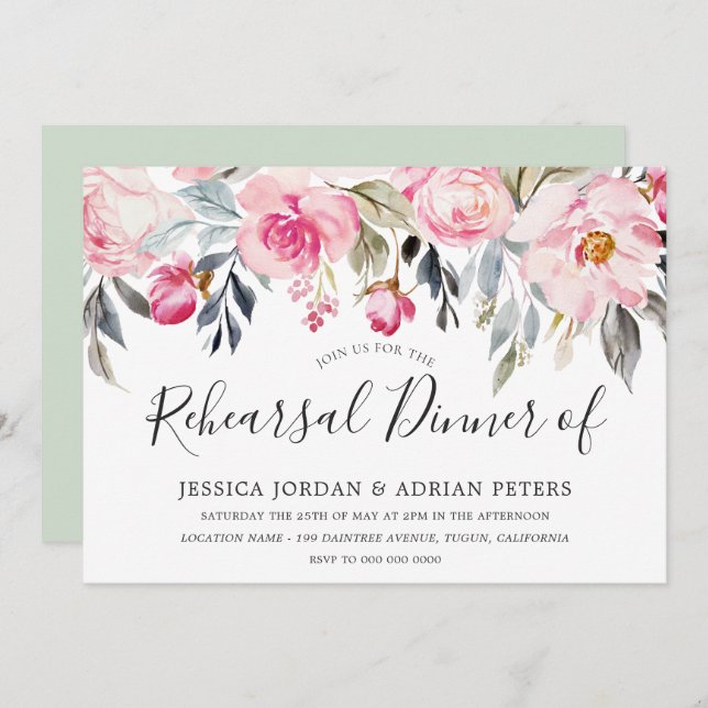 Elegant Blush & Greenery Floral Rehearsal Dinner Invitation (Front/Back)