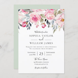 Elegant Blush & Greenery Floral Watercolor Wedding Invitation