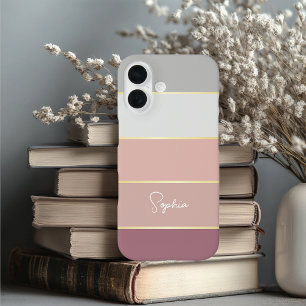 Elegant blush grey gold Personalised Colour Stripe iPhone 16 Case