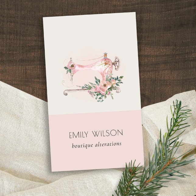 Elegant Blush Grey Sewing Machine Floral Tailor Business Card (Creator Uploaded)
