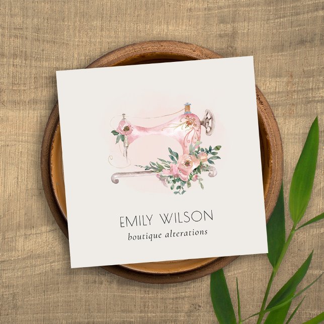 Elegant Blush Grey Sewing Machine Floral Tailor Square Business Card (Creator Uploaded)