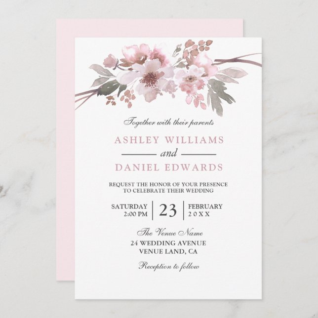 Elegant Blush & Grey White Floral Wedding Invitation (Front/Back)
