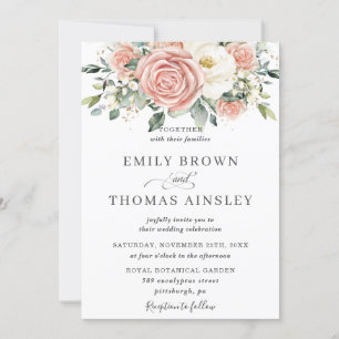 Elegant Blush Ivory Floral Roses Flowers Wedding Invitation