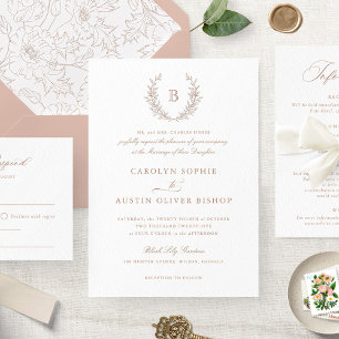 Elegant Blush Laurel Wreath Wedding Monogram Invitation