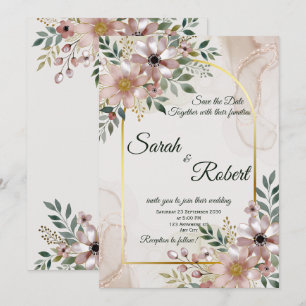 Elegant Blush Marble Floral Save The Date Card