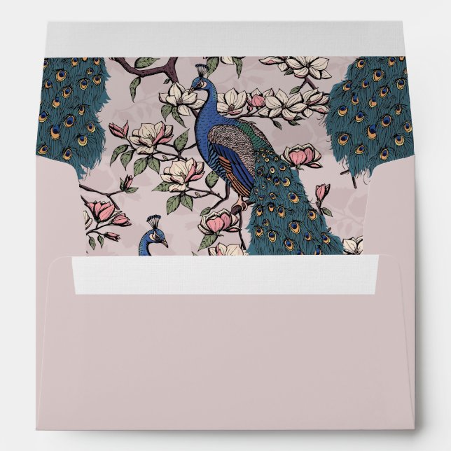 Elegant Blush Monogrammed Peacock Return Address Envelope (Back (Bottom))