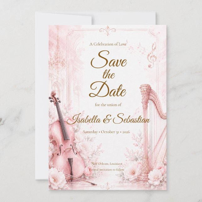 Elegant Blush Musical Wedding Save The Date (Front)