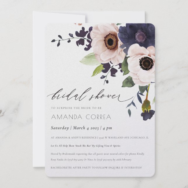 Elegant Blush Navy Anemone Floral Bridal Shower Invitation (Front)