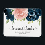 Elegant Blush Navy Blue Floral Wedding Favour Magnet<br><div class="desc">Rustic floral wedding favour magnet featuring "love and thanks" along with elegant watercolor painted flowers in blush pink and navy blue. Below are your names and date. The blush pink roses make this design great for a spring celebration and the navy blue roses make it great for fall. These custom...</div>