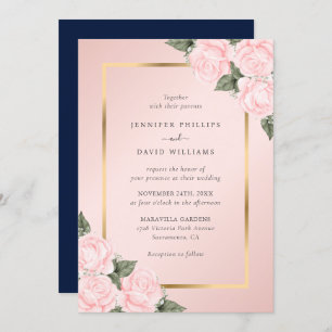 Elegant Blush Navy Blue Gold Floral Wedding Invitation