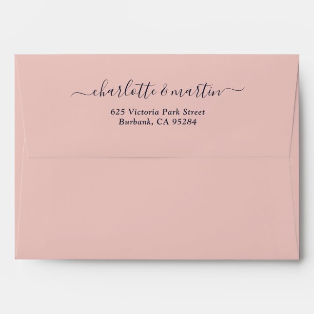 Elegant Blush Navy Blue Return Address Wedding Envelope (Back (Top Flap))