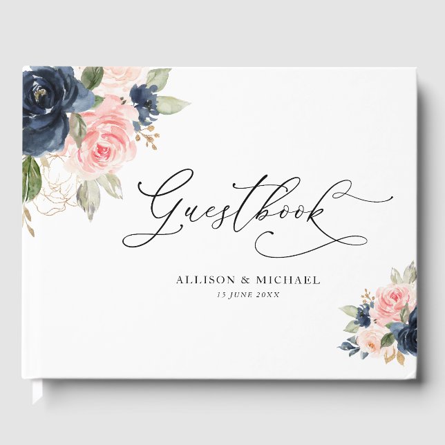 Elegant blush & navy floral wedding guestbook (Front)