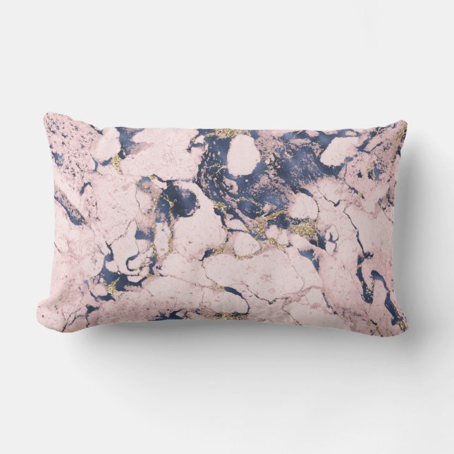 Elegant Blush Navy Gold Marble Lumbar Pillow (Front)
