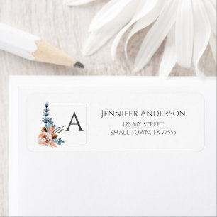 Elegant Blush Peach Blue Floral Initial Address Return Address Label