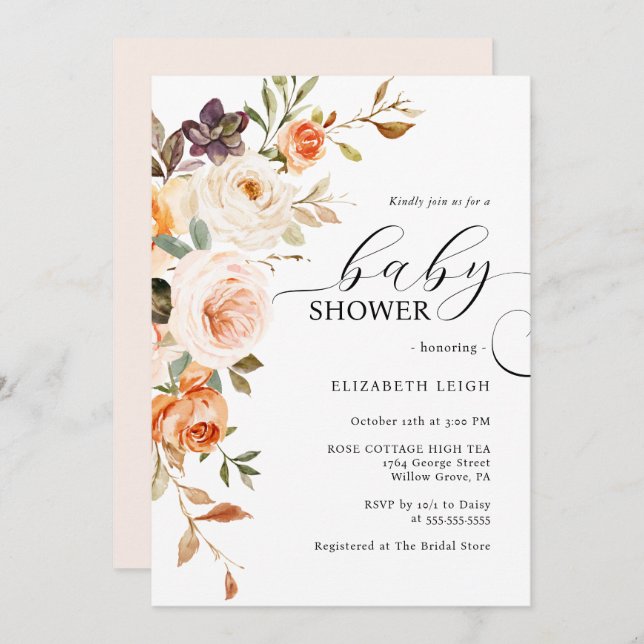 Elegant Blush Peach Floral Baby Shower  Invitation (Front/Back)