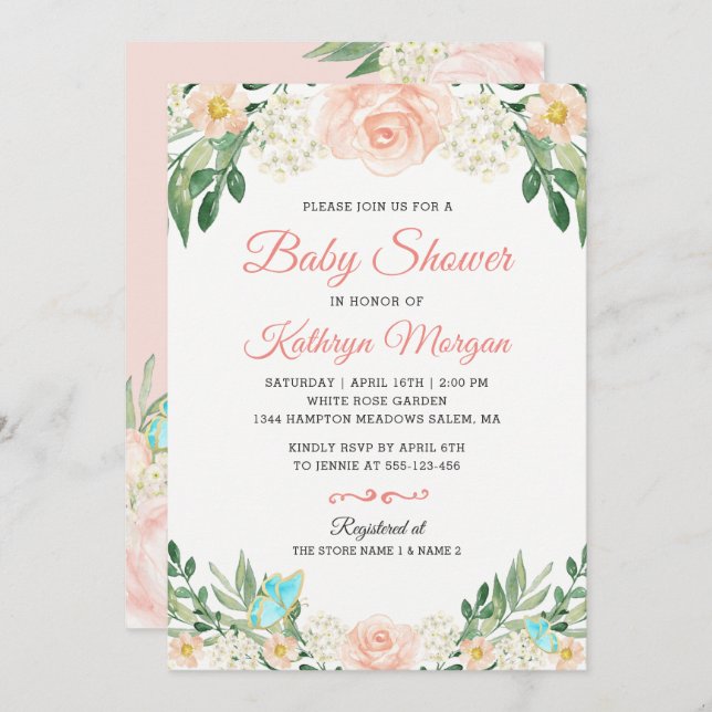 Elegant Blush Peach Floral Blossom Baby Shower Invitation (Front/Back)