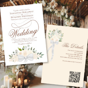 Elegant Blush Peach Floral Bouquet QR Code Wedding Invitation