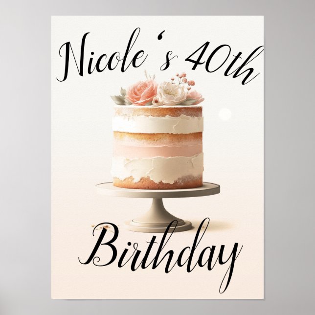 Elegant Blush Peach Floral Cake Birthday Party Poster (Front)