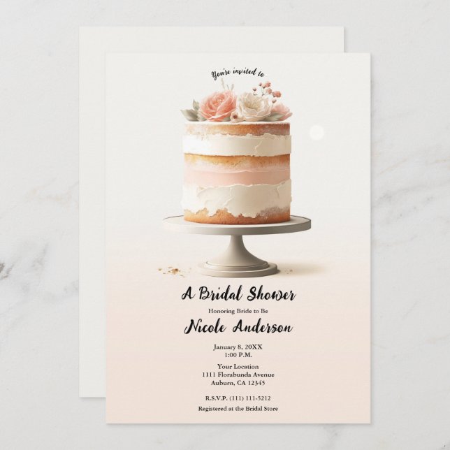 Elegant Blush Peach Floral Cake Bridal Shower  Invitation (Front/Back)