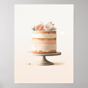 Elegant Blush Peach Floral Cake Kitchen Bakery Poster
