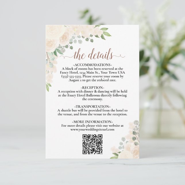 Elegant Blush Peach Floral Wedding Details QR Code Enclosure Card (Standing Front)