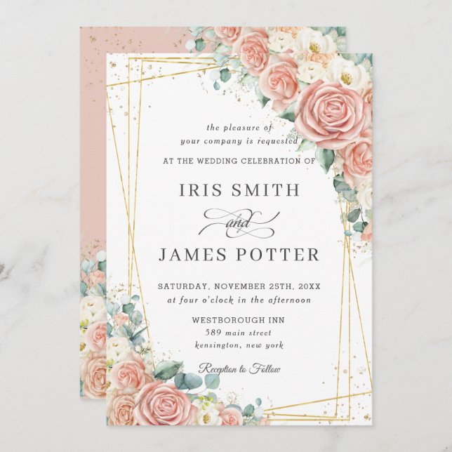 Elegant Blush Peach Ivory Floral Roses Wedding   Invitation (Front/Back)