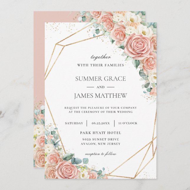 Elegant Blush Peach Ivory Floral Roses Wedding  Invitation (Front/Back)