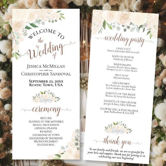 Elegant Blush Peach Watercolor Floral Wedding Program (Front/Back)