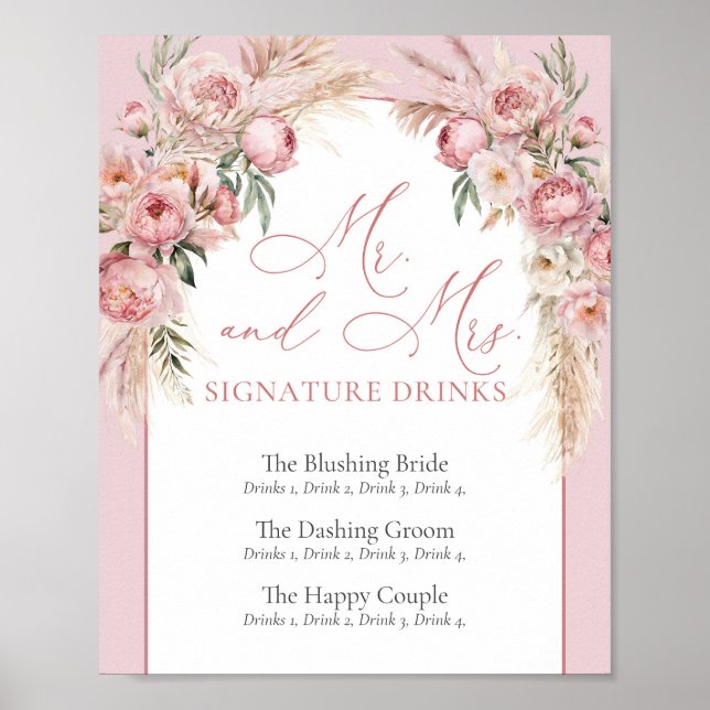 Elegant blush peonies pampas boho arch Signature Poster (Front)