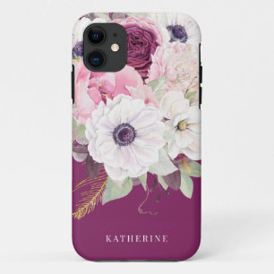 Elegant Blush Peony Burgundy Floral Monogram iPhone 11 Case