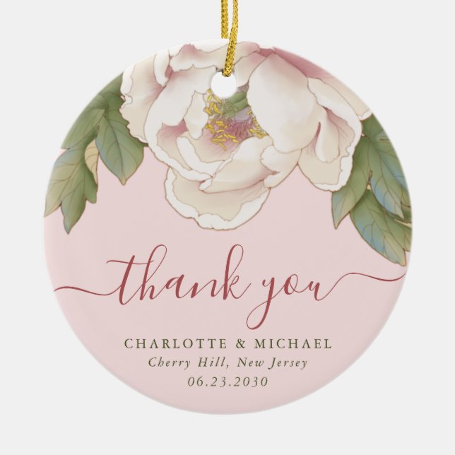 Elegant Blush Peony Floral Thank You Wedding Favou Ceramic Ornament (Front)