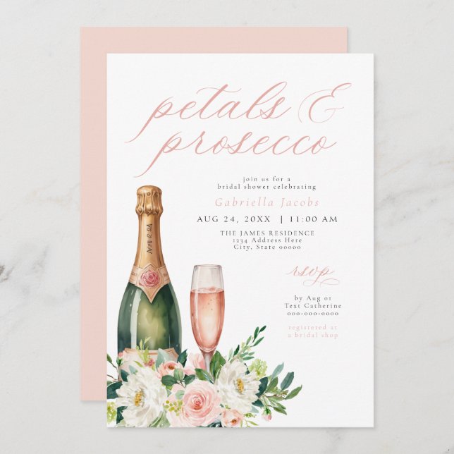 Elegant Blush Petals & Prosecco Bridal Shower Invitation (Front/Back)