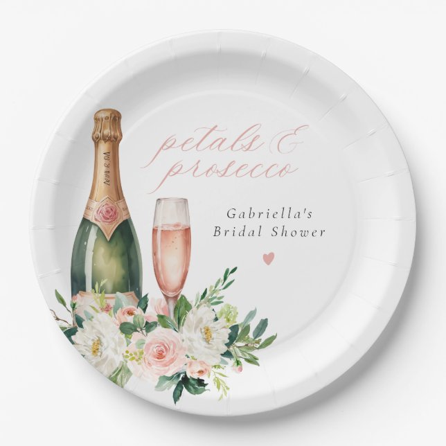 Elegant Blush Petals & Prosecco Bridal Shower Paper Plate (Front)