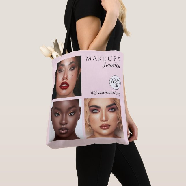 Elegant Blush Pink 3 Photo Logo Makeup Studio Tote Bag (Close Up)