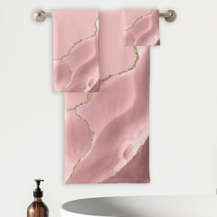 Elegant Blush Pink Agate Gold Glitter Bath Towel Set