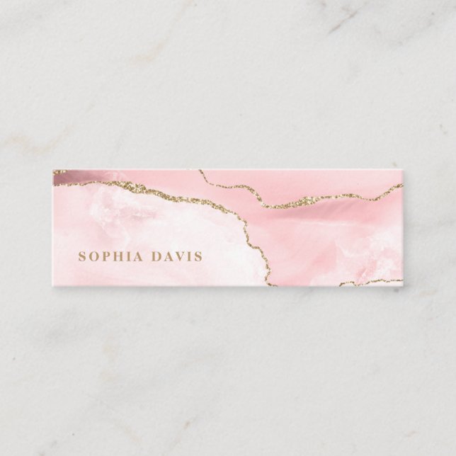 Elegant Blush Pink Agate with Faux Gold Mini Business Card (Front)