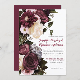 Elegant Blush Pink and Burgundy Floral Wedding   Invitation