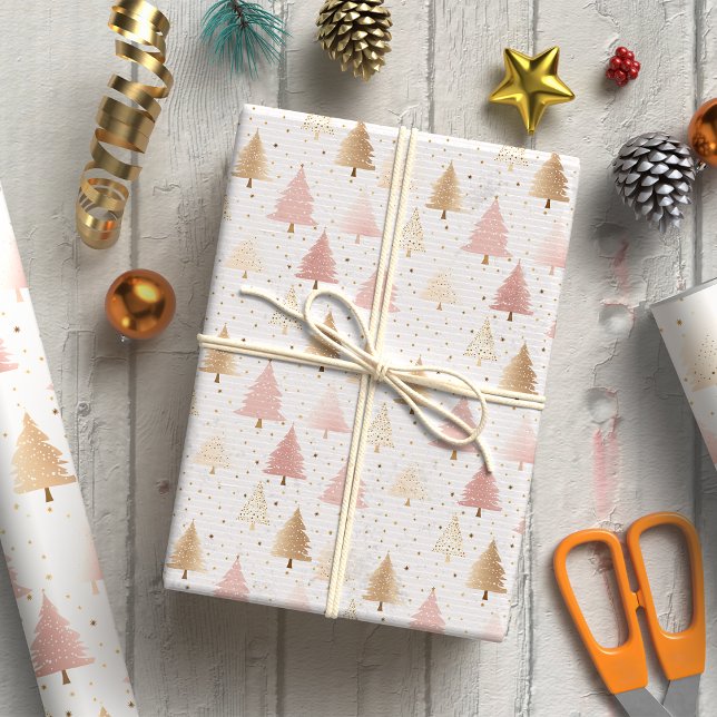 Elegant Blush Pink and Gold Christmas Tree  Wrapping Paper (Creator Uploaded)